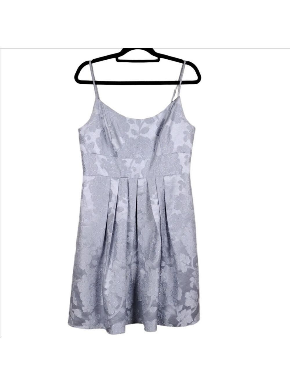 David's Bridal Silver Floral Round Neckline Spaghetti Strap Pleated Mini Dress